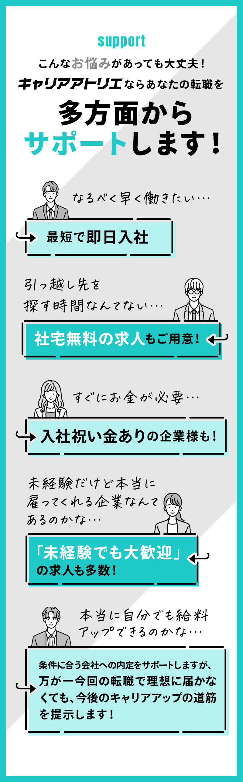 こんなお悩みがあっても大丈夫！キャリアアトリエならあなたの転職を多方面からサポートします！